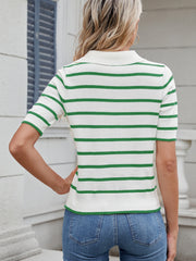 Green and white striped knit polo top with short sleeves and a collar.