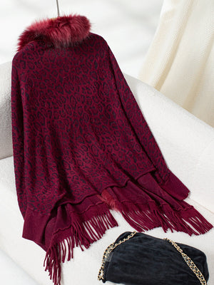 Burgundy leopard print acrylic cardigan with faux fur trim and fringe hem