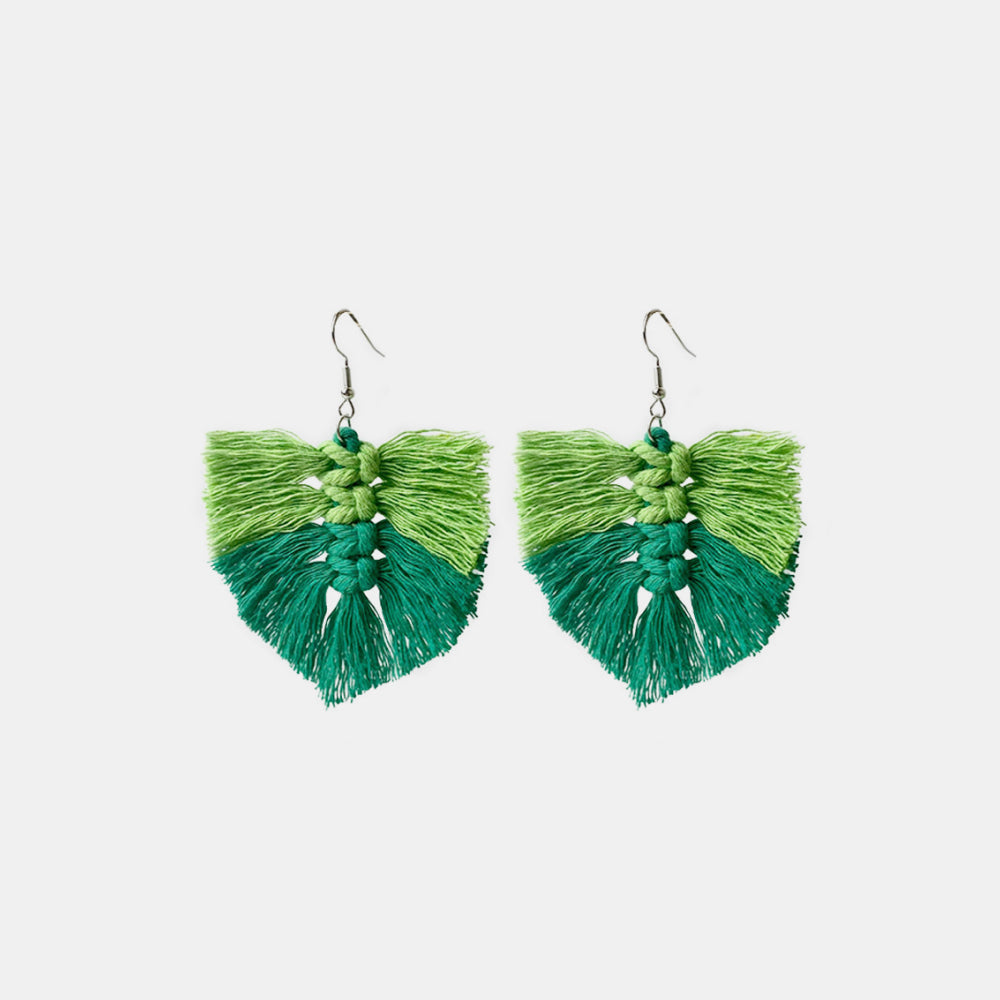 Macramé leaf fringe statement earrings in two shades of green with tassel detail.