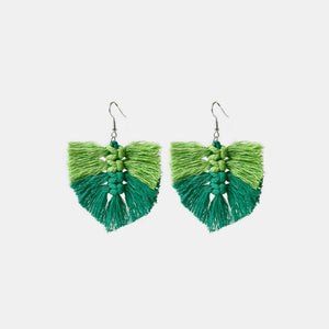 Macramé leaf fringe statement earrings in two shades of green with tassel detail.