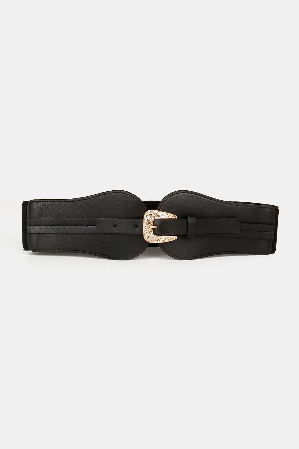 Black elastic belt with sculpted faux leather front and ornate gold Western buckle.