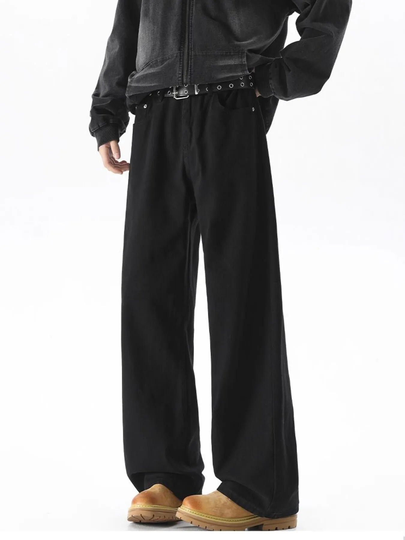 Black wide-leg comfort fit jeans with a cotton blend, styled casually.