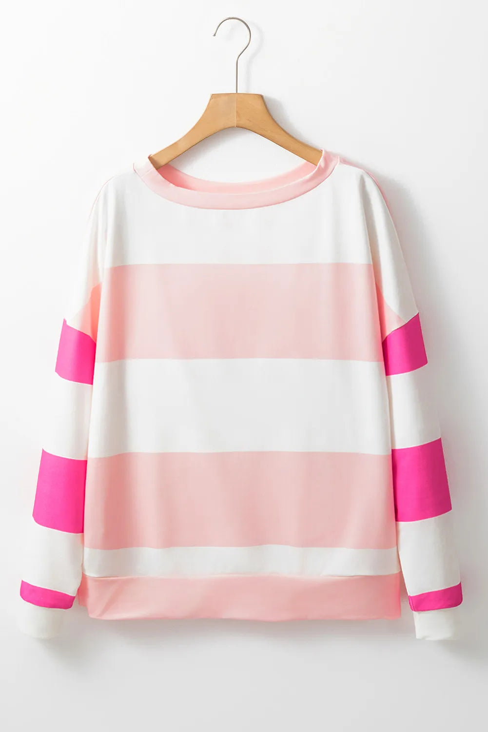 Striped sweatshirt with block sleeves in pink and white.