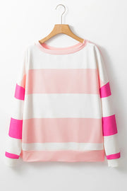 Striped sweatshirt with block sleeves in pink and white.