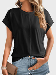 Black seamed front ruched sleeve tee with cuffed short sleeves.