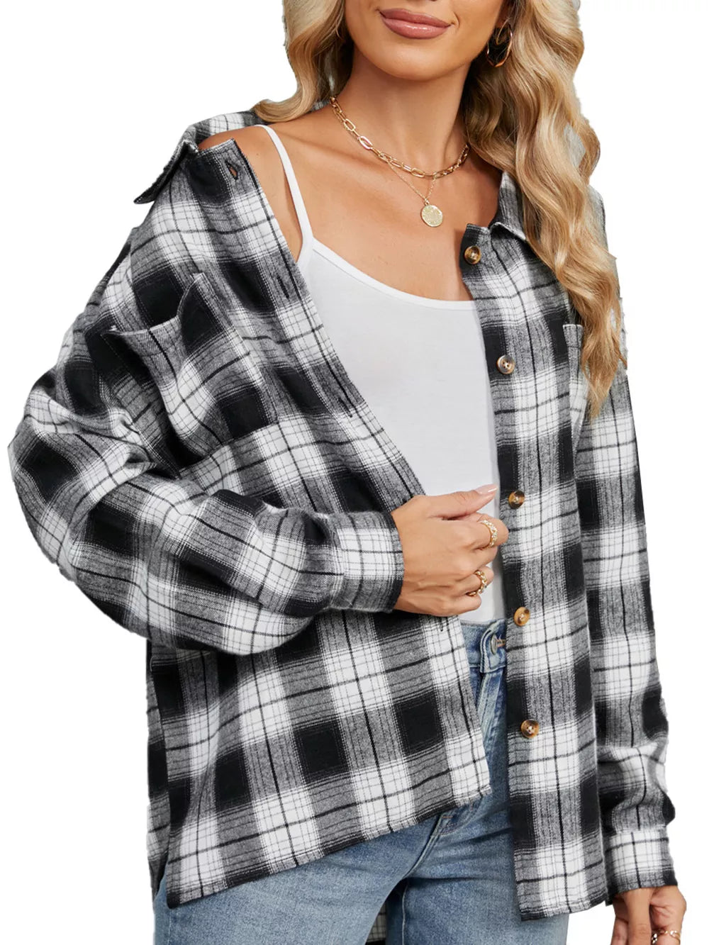 black button-up shirt with plaid and collared