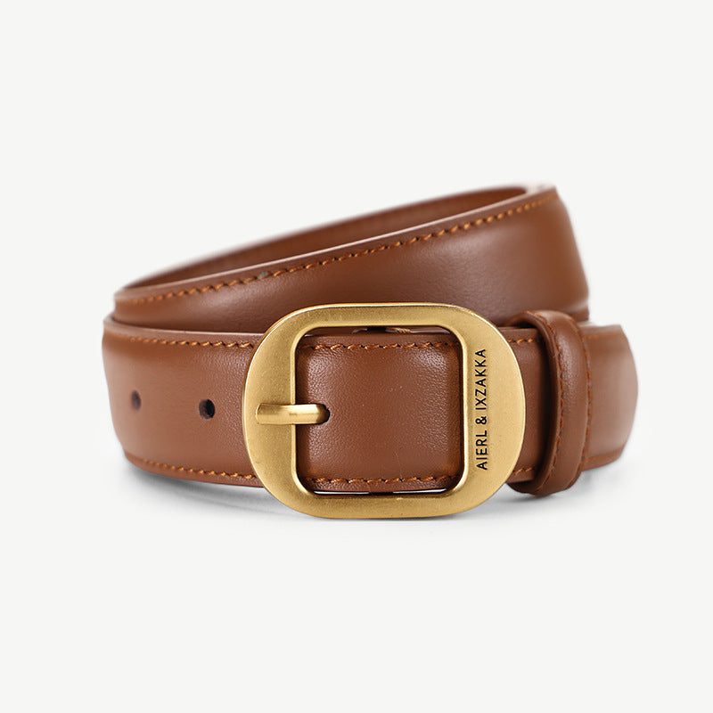 Brown cowhide leather belt with gold oval buckle and embossed logo detail.