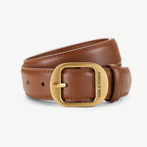 Brown cowhide leather belt with gold oval buckle and embossed logo detail.