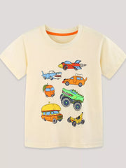 Cream cotton t-shirt with whimsical vehicle cartoon print.