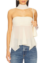 Sheer asymmetrical top with elegant scarf in white, strapless ruched bodice, flowy hem