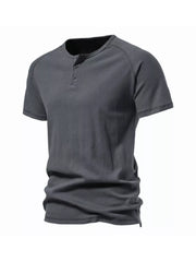 Men's casual dark gray cotton henley t-shirt with button detail