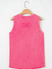 Textured cotton tank top in bright pink with a small X detail on the back yoke.
