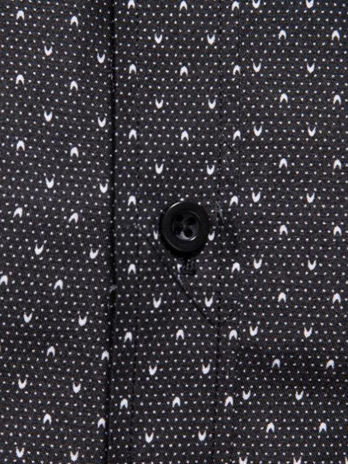 Black cotton slim fit shirt with micro-dot and v-shape pattern and button detail.