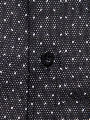 Black cotton slim fit shirt with micro-dot and v-shape pattern and button detail.