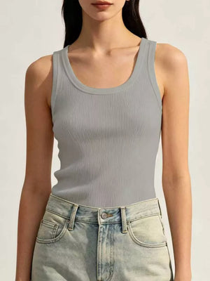 Ribbed Knit U-neck Tank in White, close-up detail