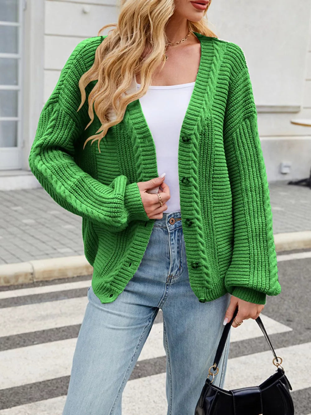 Cable Knit Button-up Cardigan in Black, view 20