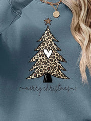 Misty Blue sweatshirt with leopard print Christmas tree graphic and "merry christmas" text.