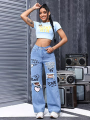 Distressed Graphic Wide-leg Jeans