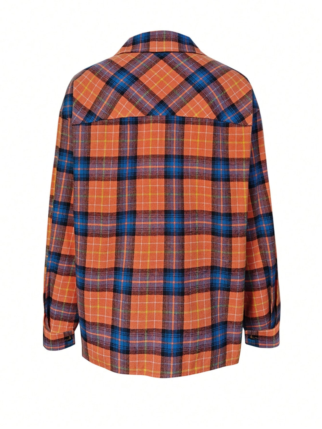 Oversized orange plaid shacket with relaxed fit and button cuffs.