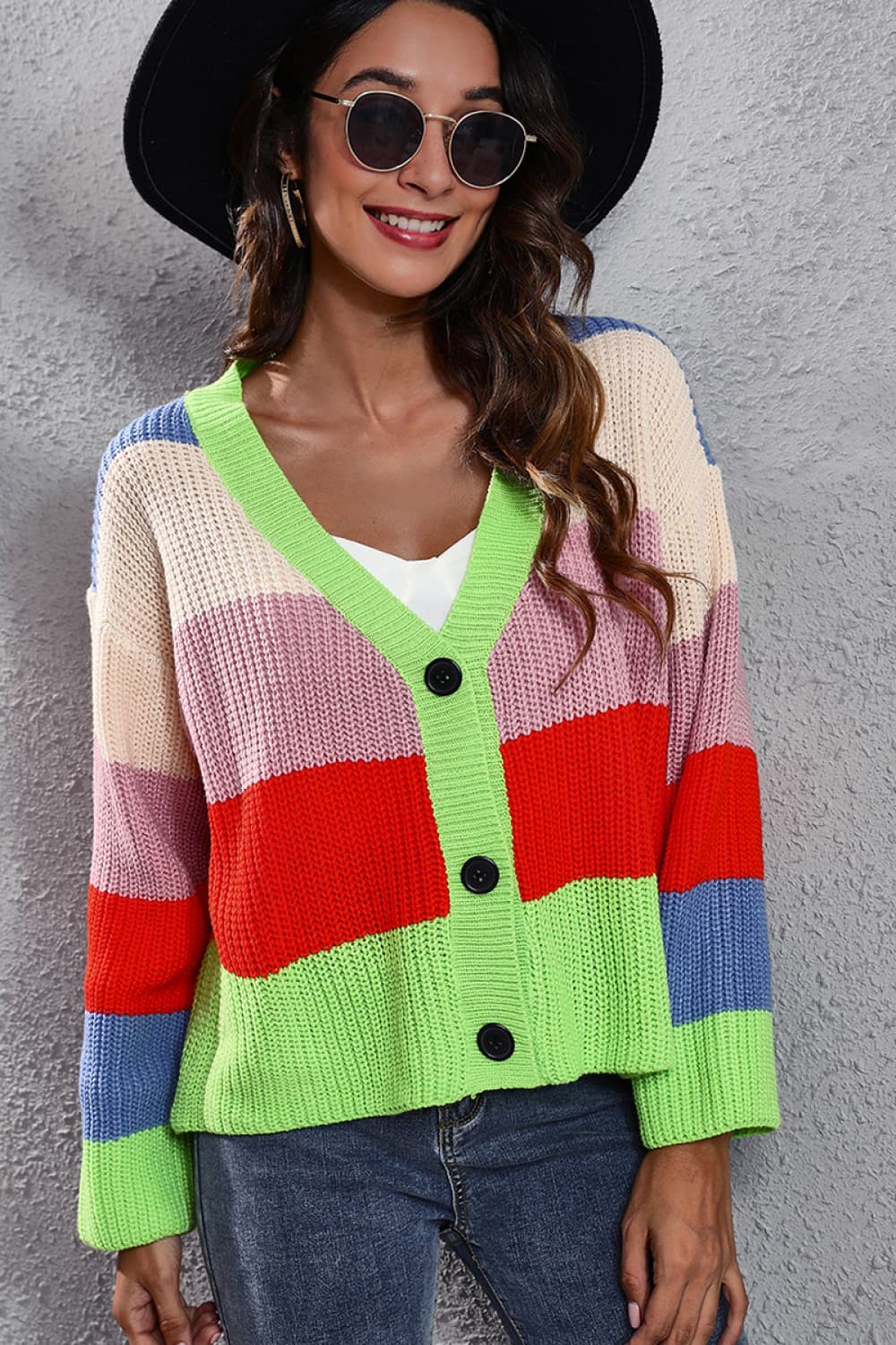 Rainbow block button-down knit cardigan with V-neck and acrylic material.