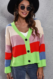 Rainbow block button-down knit cardigan with V-neck and acrylic material.