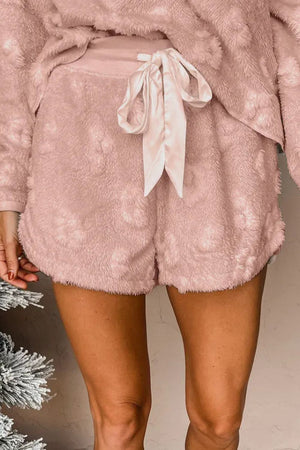 Blush pink textured lounge shorts with satin tie detail