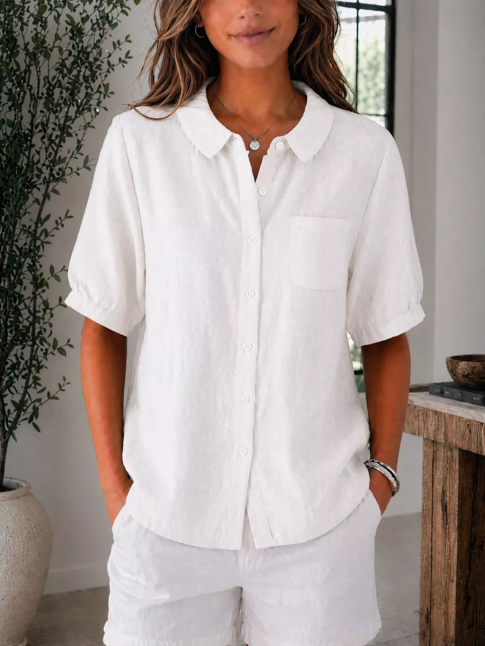 Full Size Button Up Short Sleeve Shirt Plus Size, close-up detail
