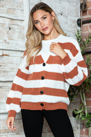 Chunky stripe cardigan with balloon sleeves in brown and white acrylic, buttoned front.
