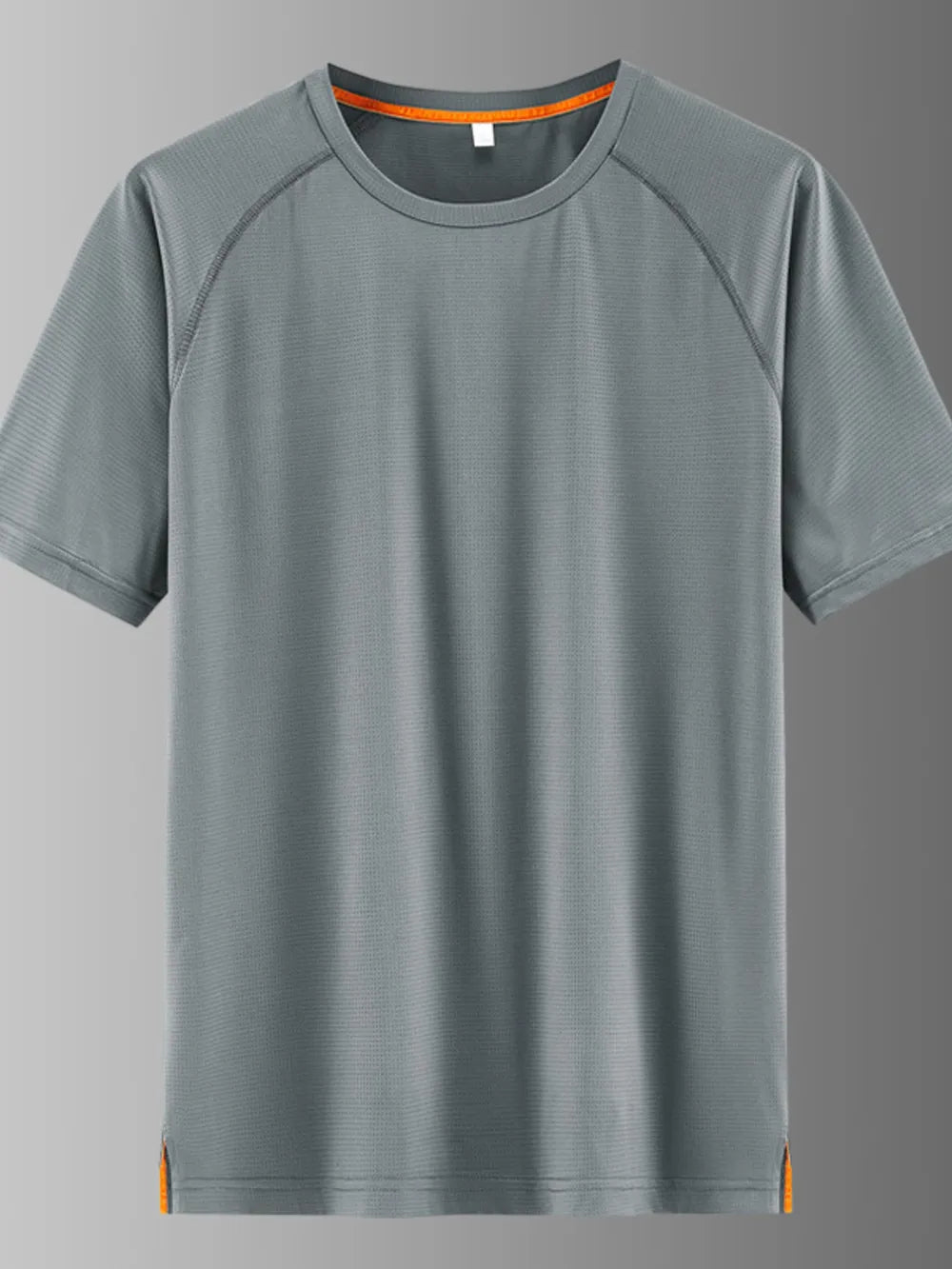 Men's grey quick-dry active t-shirt with round neck and orange trim details.
