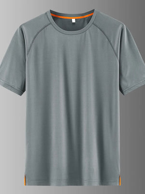 Men's grey quick-dry active t-shirt with round neck and orange trim details.