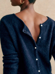 Dark Blue cashmere cardigan with button front and plunging neckline detail.