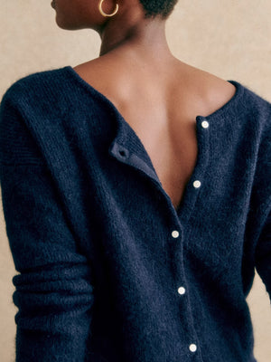 Dark Blue cashmere cardigan with button front and plunging neckline detail.