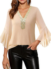 Apricot sequin V-neck blouse with bell sleeves and glitter detail