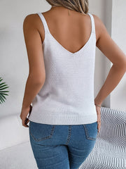 White diamond knit tank top with V-neck and adjustable buckle straps.