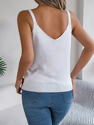 White diamond knit tank top with V-neck and adjustable buckle straps.