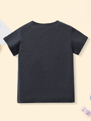 Dark grey cotton crew neck toddler t-shirt with short sleeves.