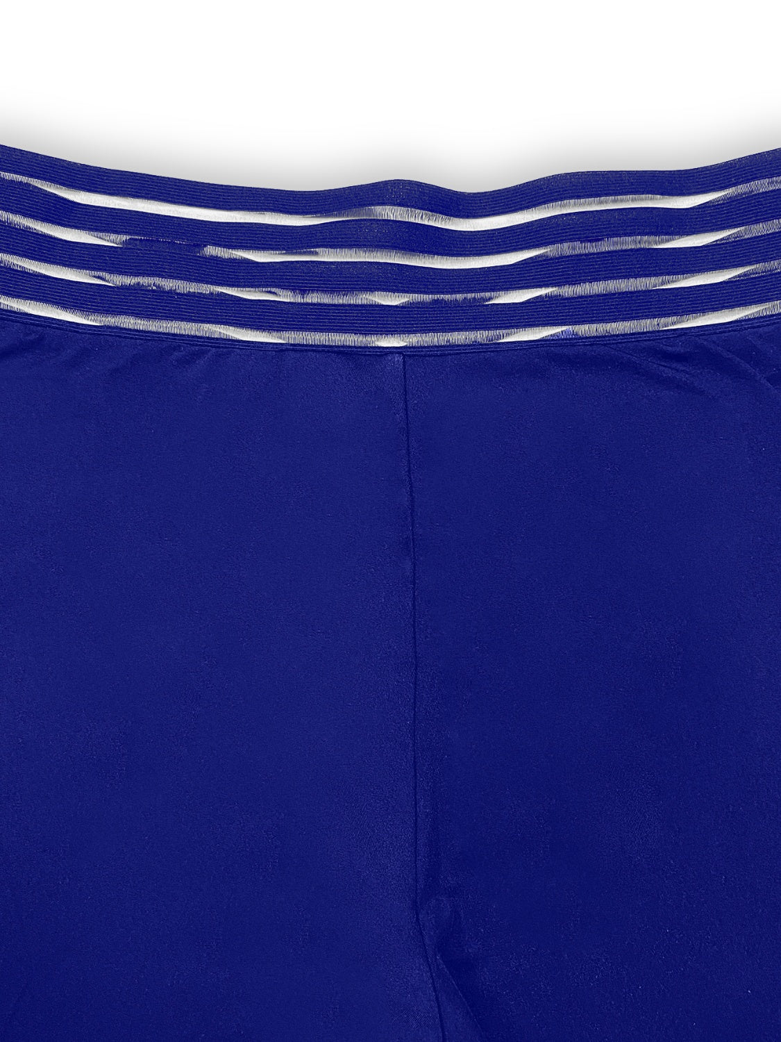 Royal blue leggings with a crossover waistband featuring horizontal white stripe detailing.