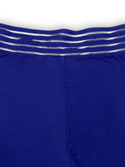 Royal blue leggings with a crossover waistband featuring horizontal white stripe detailing.