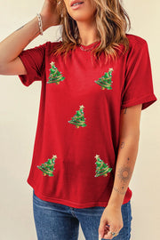 Red cotton blend t-shirt with all-over sequin Christmas tree motifs.