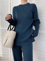 French Blue ribbed knit co-ord set with crew neck and long sleeves.