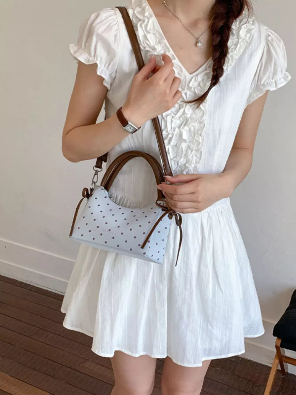 Polka Dot Mini Crossbody Bag in Blue, side view