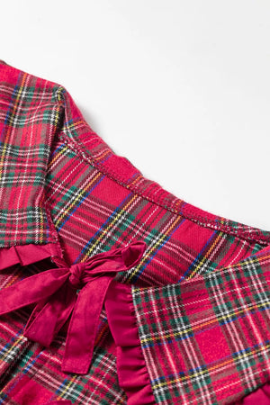 Plaid Tie Neck Ruffle Cuffs Blouse, product detail