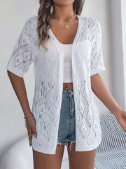 White open-knit short sleeve cardigan with diamond pattern and V-neck.
