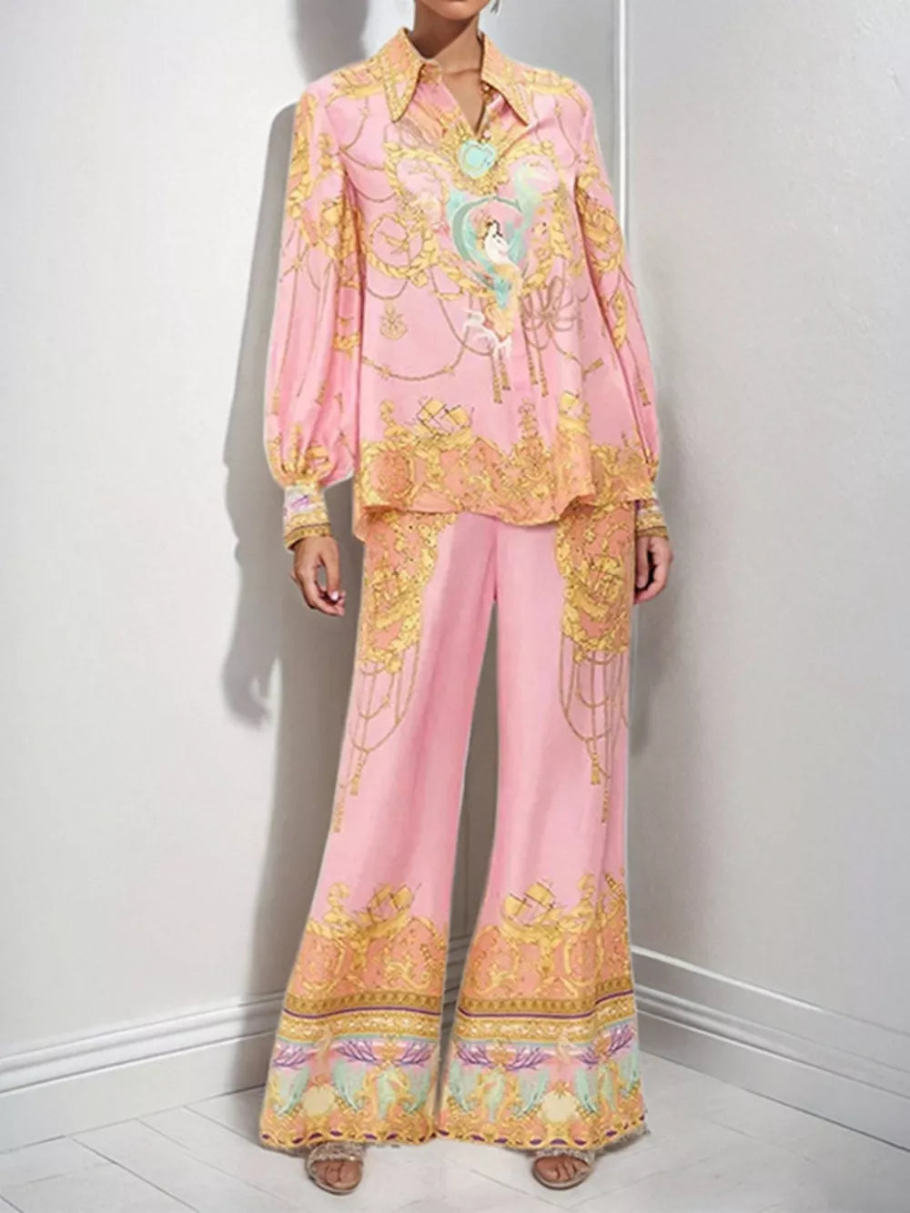 Pink baroque print two-piece set with lantern sleeves and wide-leg pants