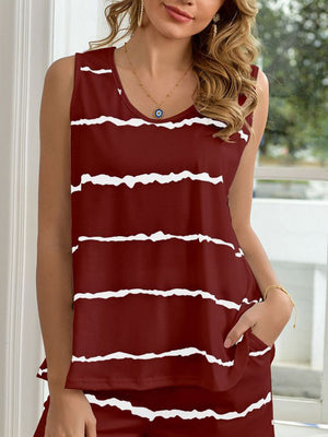 Burgundy abstract stripe sleeveless sleep top with scoop neck and pockets.