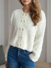 Fluffy white double-breasted knit cardigan with silver buttons