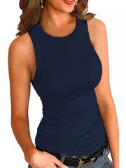 Navy blue ribbed fitted round neck tank top with a casual style.