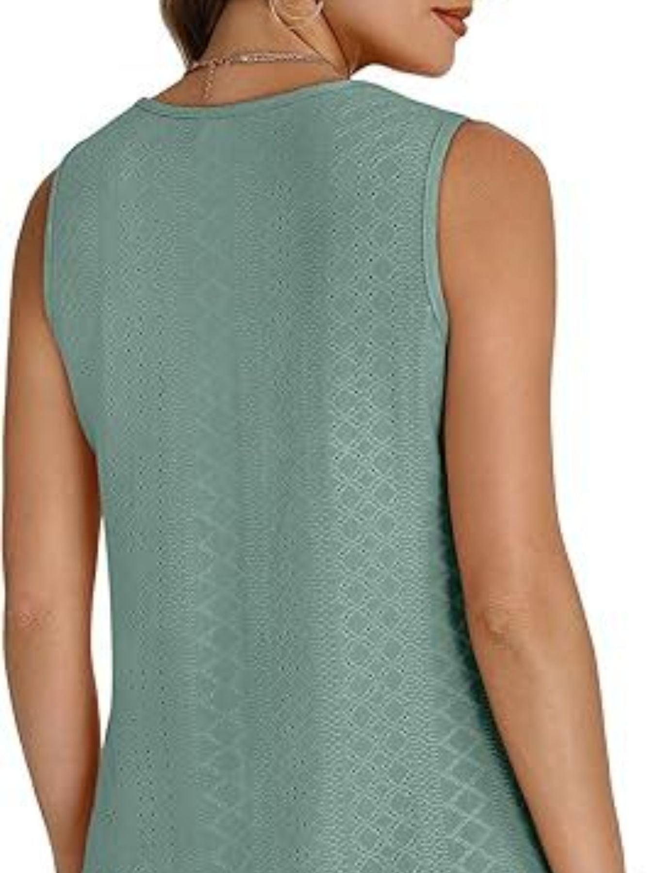 Sleeveless V-neck tank top in light blue with an allover eyelet pattern.