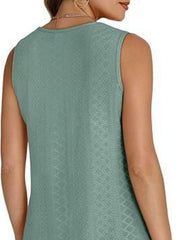 Sleeveless V-neck tank top in light blue with an allover eyelet pattern.