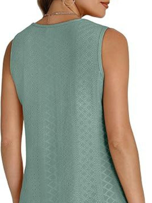Sleeveless V-neck tank top in light blue with an allover eyelet pattern.